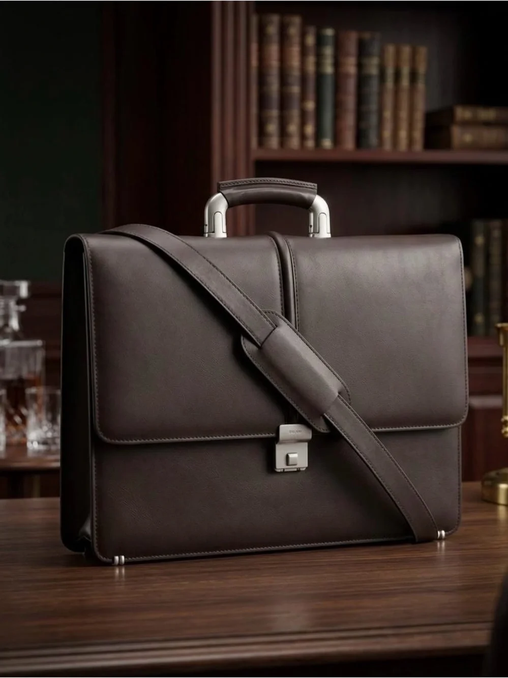 Men's Leather Briefcase in Dark Brown with Adjustable Shoulder Strap